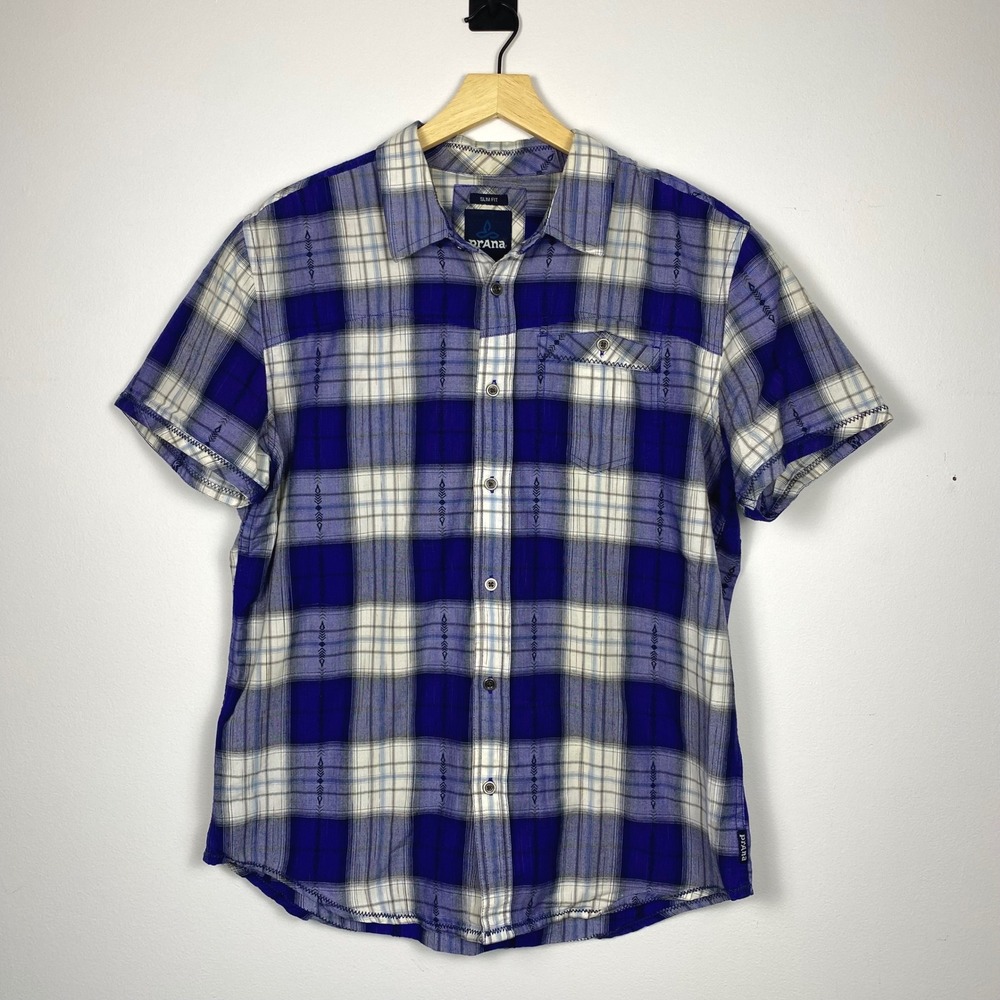 Prana Slim Fit Plaid Short Sleeve Button Up Casual Shirt Embroidered Organic‎